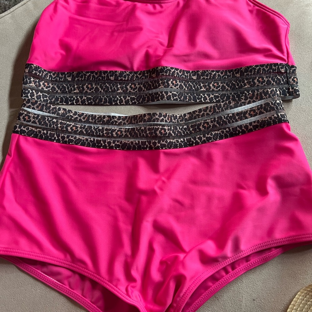 Hot Pink High-Waisted Bikini with Leopard Stripes